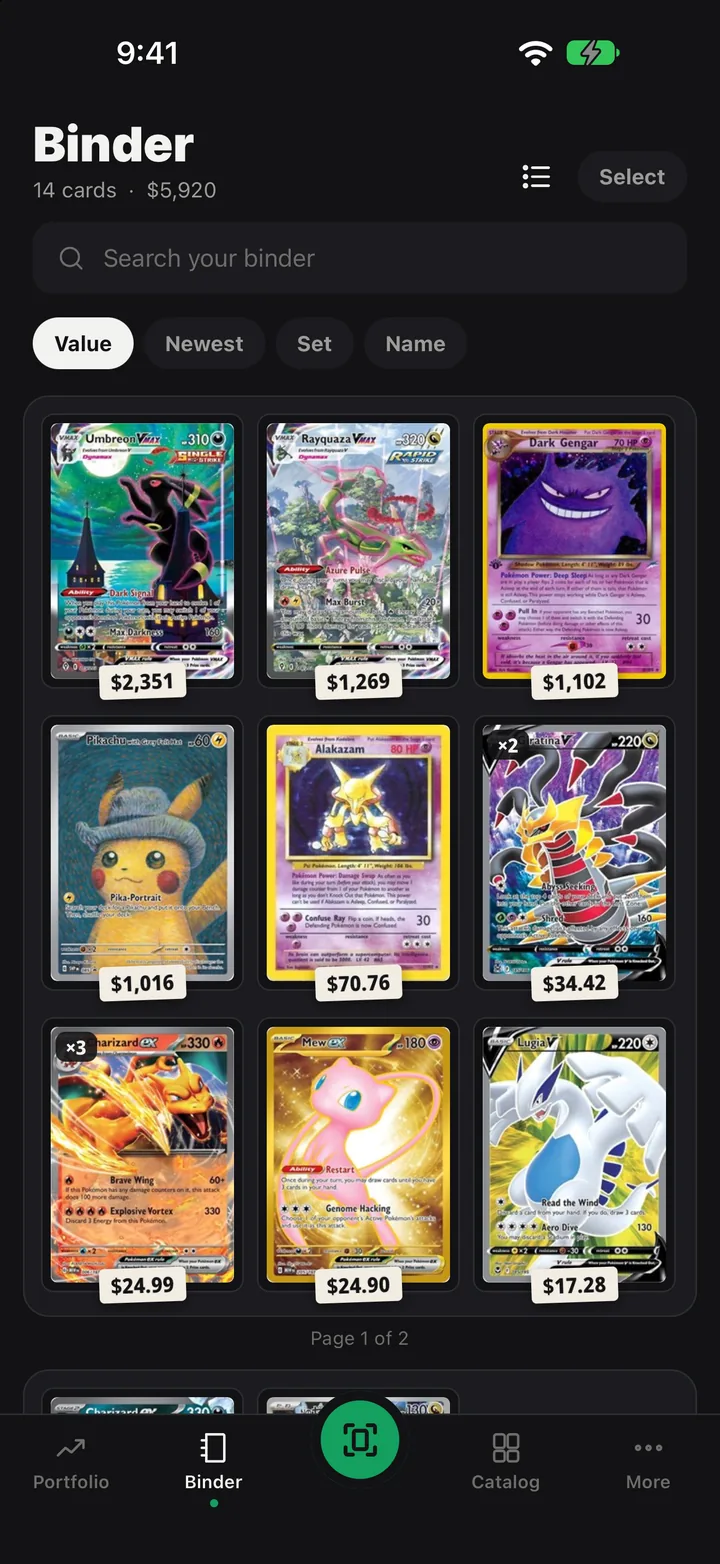 A binder page of nine cards, each with its price sticker