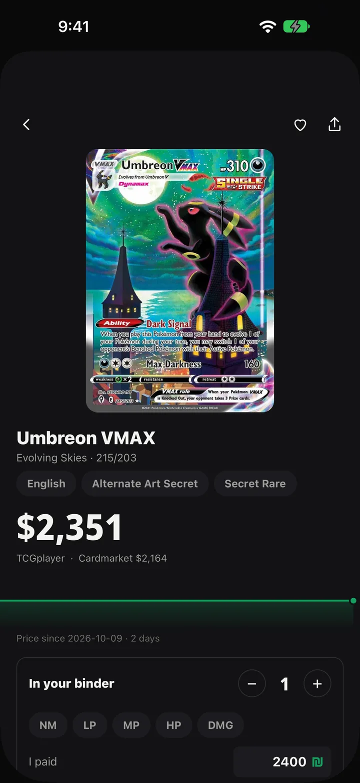 A card page: Umbreon VMAX at $2,351 with its printing, rarity and price history