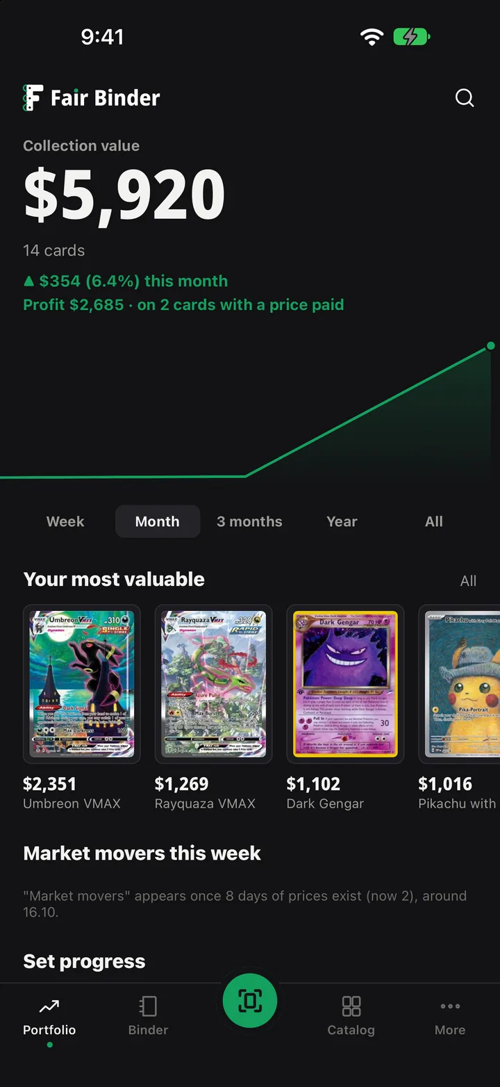 The portfolio screen: collection value, a value chart and the most valuable cards
