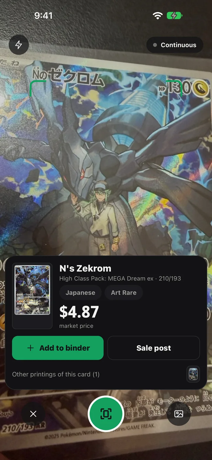 The scanner recognising a Japanese N’s Zekrom card and showing its market price of $4.87